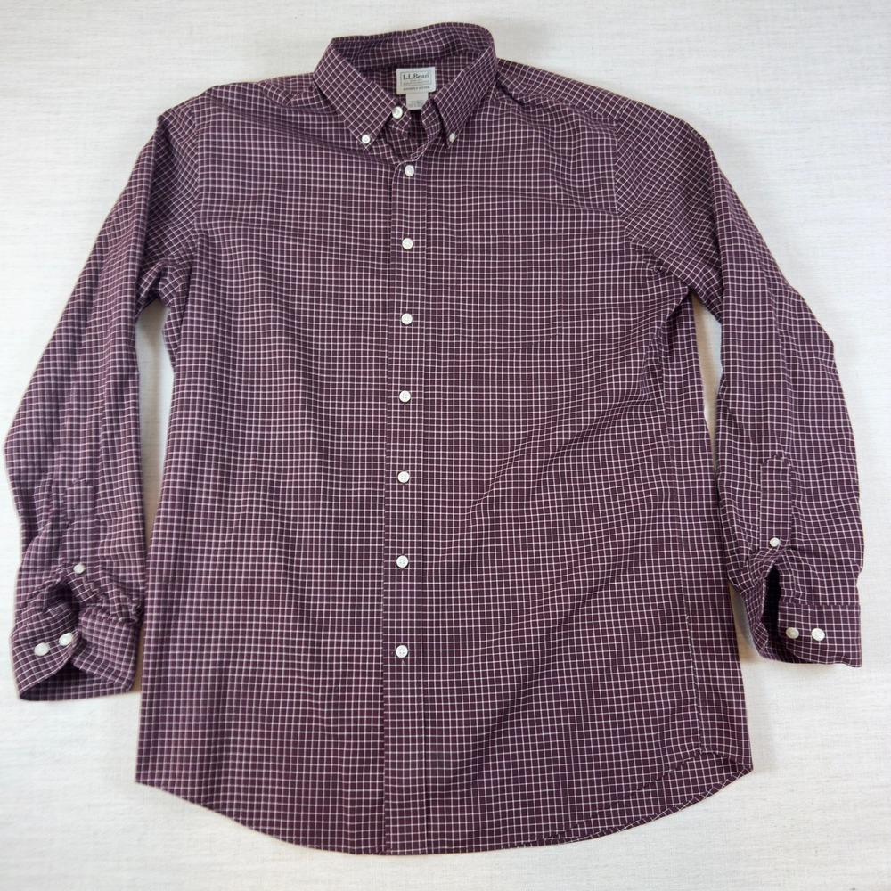 LL Bean Slightly Fitted Mens L-Tall Burgundy Maroon Grid Check Button Down Shirt